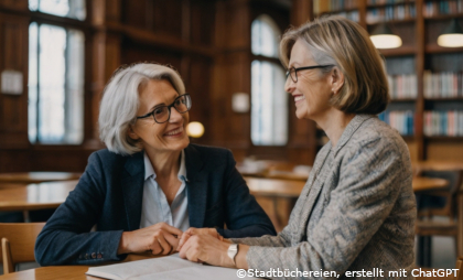 KI generiertes Bild: zwei ältere Frauen unterhalten sich. Im Hintergrund sind Bücherregale