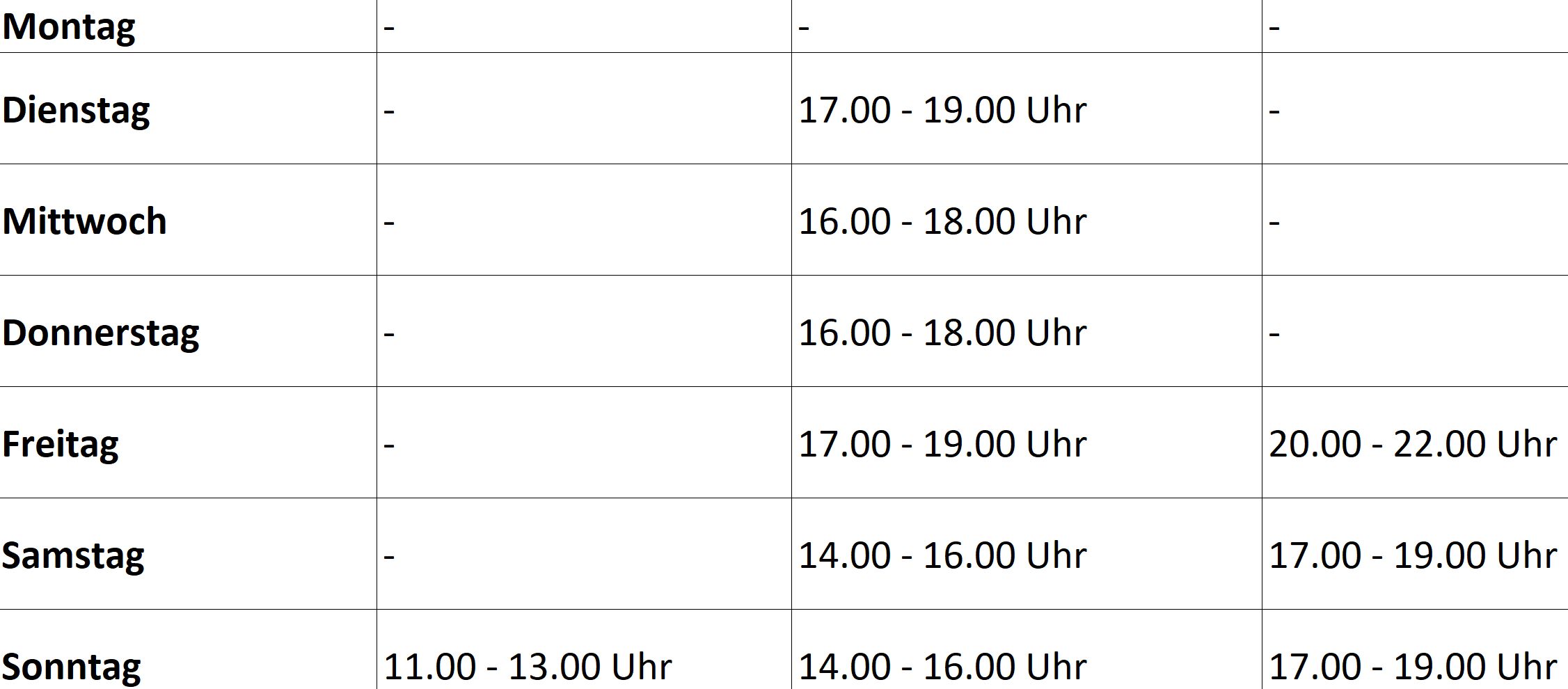 Öffnungszeiten des Eisstadions Brehmstraße: Dienstags 17 bis 19 Uhr, Mittwochs 16 bis 18 Uhr, Donnerstags 16 bis 18 Uhr, Freitags 17 bis 19 Uhr und von 20 bis 22 Uhr, Samstags 14 bis 16 Uhr und von 17 bis 19 Uhr, Sonntags 11 bis 13 Uhr, von 14 bis 16 Uhr und von 17 bis 19 Uhr 