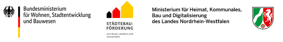 Logo des Bundesministeriums für Wohnen, Stadtentwicklung und Bauwesen, Logo der Städtebauförderung von Bund, Ländern und Gemeinden, Logo des Ministeriums für Heimat, Kommunales, Bau und Digitalisierung