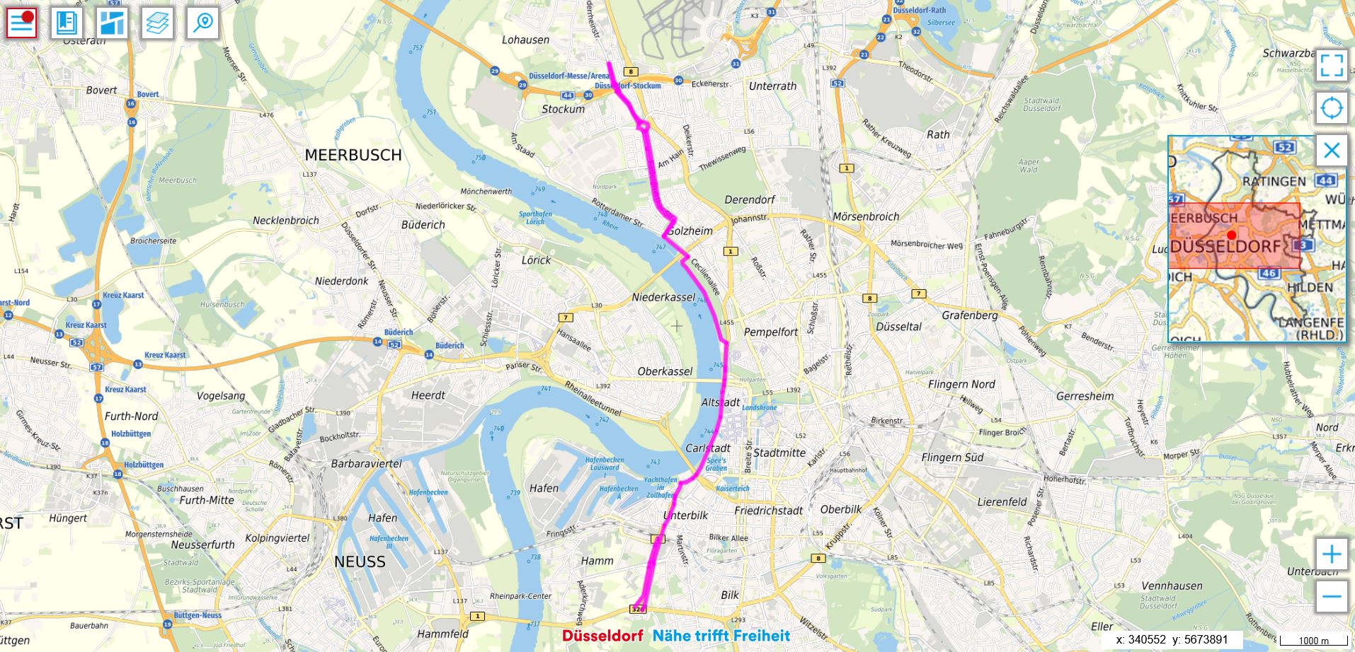 KArtenausschnitt mit Verlauf der Radleitroute 1