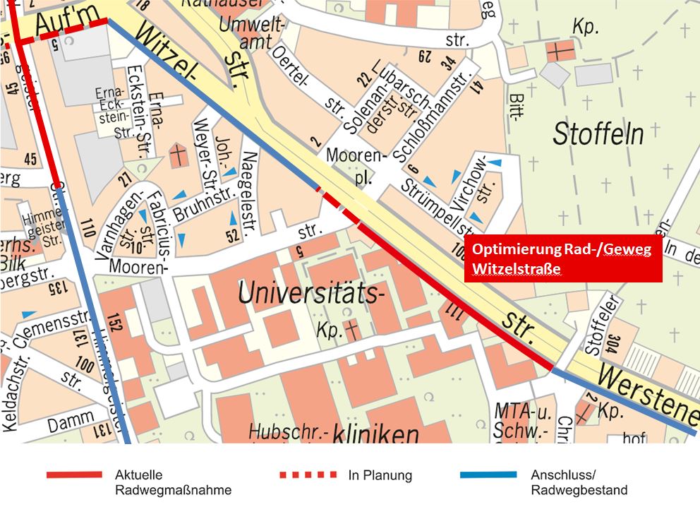 Kartenauschnitt auf der die RAdverkehrsmaßnahme Witzelstraße eingezeichnet ist.