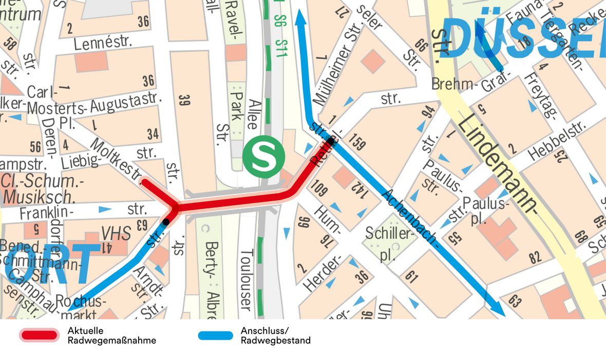 KArtenausschnitt mit rot markierter Maßnahme Franklinbrücke/Rethelstraße