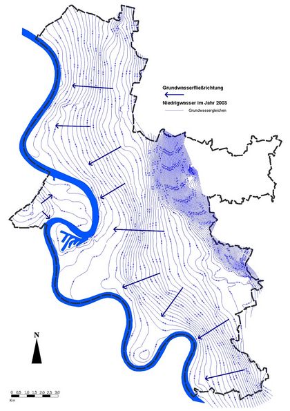 Karte der Grundwassergleichen (2003) und schematischer Grundwasser-Fließrichtung