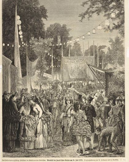 Abendfest im Jacobi'schen Garten aus dem Jahr 1873, Holzstich von P. Hoffmann, Hermann Knackfuß und Richard Brend'amur (Signatur D8520), Fotografie: Medienzentrum Rheinland / Stefan Arendt