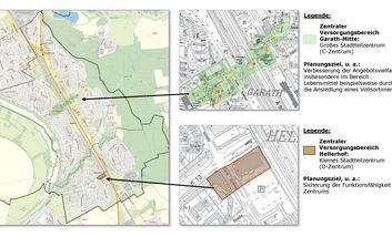 Ein Übersichtsplan auf dem die zentralen Versorgungsbereiche Garath und Hellerhof dargestellt werden. Die Plangrundlage ist vom Stadtplanwerk 2.0 Regionalverband Ruhr und Landeshauptstadt Düsseldorf