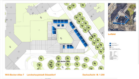 Dachaufsicht des Verwaltungsgebäudes Willi-Becker-Allee 7 mit Photovoltaikanlage
