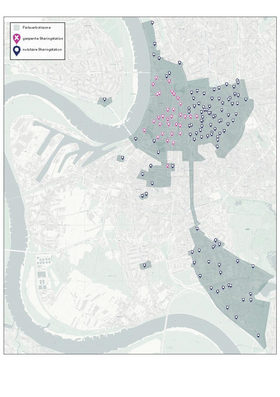 Die Grafik gibt einen Überblick welche Sharingstationen an den Karnevalstagen verfügbar sind und welche nicht. Grafik: Connected Mobility Düsseldorf