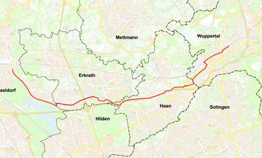 Verlauf der Veloroute Düsseldorf – Wuppertal nach dem Planungsstand der Machbarkeitsstudie © Grafik: Landeshauptstadt Düsseldorf, Amt für Verkehrsmanagement 