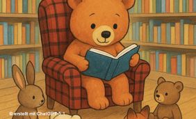 Mit KI erstellte Grafik, die einen Teddy in einem Sessel mit einem Buch zeigt, der einem kleinen Hasen und einem kleinen Bären vorliest.