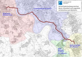 Kartenausschnitt: Radschnellweg von Neuss über Düsseldorf nach Langenfeld mit einem Anschluss nach Monheim 