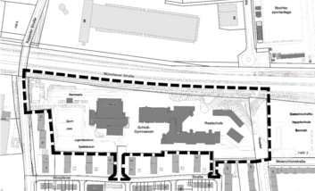 Ein Ausschnitt der Liegenschaftskarte von dem Projekt "Nörlich Wimpfener Straße", der rote Umring zeigt das Plangebiet. Der Kartenausschnitt ist von der Stadt Düsseldorf.