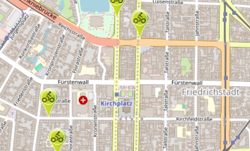Schmuckbild: Kartenausschnitt der Düsseldorfer Innenstadt mit Symbolmarkierungen für Fahrradinfrastruktur.