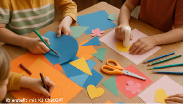 Mit KI erstelltes Bild, das Kinderhände und Bastelmaterial zeigt.