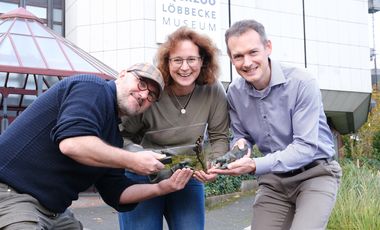 Jörg Mazur, Sandra Honigs und Dr. Jochen Reiter (von links) stehen vor dem Aquazoo und halten drei Bronzeskulpturen sowie ein kleines Terrarium mit einem Feuersalamander in den Händen