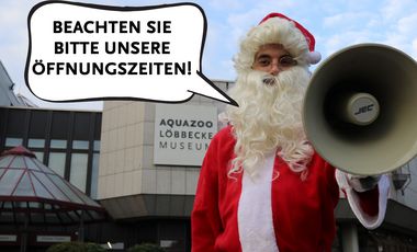 Ein Weihnachtsmann steht mit einem Megafon in der linken hand vor dem Aquazoo Löbbecke Museum. In einer Sprechblase ist folgender Text aufgeführt: "Beachten Sie bitte unsere Öffnungszeiten!"