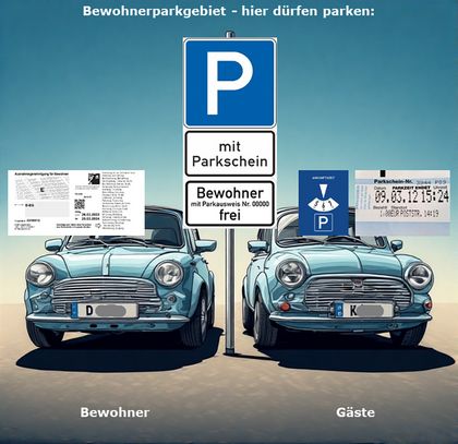 Hier dürfen Sie parken: Mit Anwohnerparkausweis oder mit Parkschein.