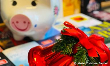 Foto mit Porzellan-Sparschwein, Büchern und Weihnachtsdekoration