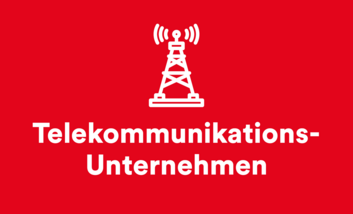 Eine rote Kachel mit einem Piktogramm eines Mobilfunkmastes. Darunter befindet sich der Schriftzug "Telekommunikations-Unternehmen"