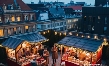 Mit KI erstelltes Bild von einem Weihnachtsmarkt auf einem Dachgarten