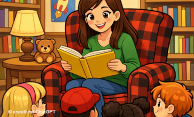 Eine mit ChatGPT erstellte Grafik im Comic-Stil: eine Frau mit einem Buch sitzt auf einem Sessel und vier Kinder sitzen auf dem Fußboden vor ihr.