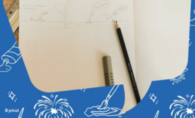 Foto von einem Papier in Comic-Sprechblasenform mit Stift und einer Skizze