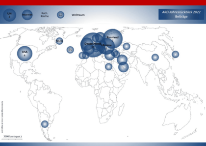 Weltkarte mit Anzahl Beiträge, in denen die jeweiligen Staaten im ARD-Jahresrückblick erwähnt wurden - Quelle: Ludescher 2023