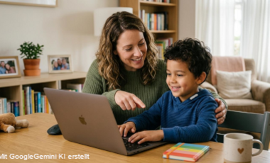 Mit KI erstelltes Bild, das eine Frau zeigt, die ein Kind an einem Laptop unterrichtet