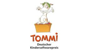 Grafik mit gezeichnetem Hund mit Lorbeerkranz auf dem Kopf. Text: Tommi, Deutscher Kindersoftwarepreis