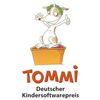 Grafik mit gezeichnetem Hund mit Lorbeerkranz auf dem Kopf. Text: Tommi, Deutscher Kindersoftwarepreis