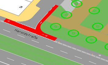 Planausschnitt Haroldstraße/ Ecke Schwanenmarkt der die neue Protected Bike Lane zeigt.