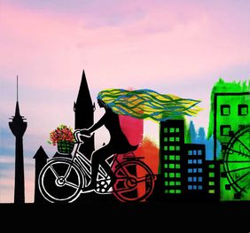 Illustration LUNA: Auf dem Bild ist eine Fahrradfahrerin vor der Silhouette Düsseldorfs zu sehen.