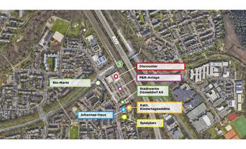 Ein Luftbild des Stadtteilzentrums Hellerhof. Auf dem Bild wird die vorhandene Infrastruktur durch farbliche Markierungen verortet.  Das Luftbild ist von der Landeshauptstadt Düsseldorf.