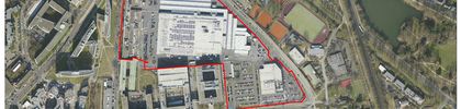 Ein Luftbild des Geländes Metrocampus, der Umring zeigt das Plangebiet. Das Luftbild ist von der Stadt Düsseldorf