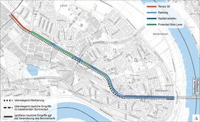 Die Karte zeigt die Planung des ersten Bauabschnitts der Radleitroute 2 © Landeshauptstadt Düsseldorf, Amt für Verkehrsmanagement 