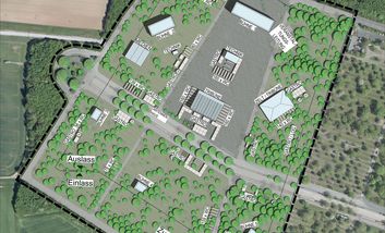 Ein Gestaltungsplan von dem Projekt "Veranstaltungsgelände/Messeparkplatz", es wird die Anordnung der Bühnen etc. im Layout 1 dargestellt. Der Plan ist von der Landeshauptstadt Düsseldorf.