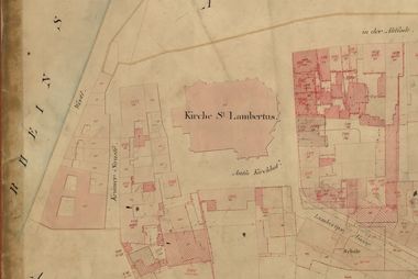 Denkmal des Monats Oktober ist der Mittelalterliche Altstadtkern rund um St. Lambertus: Hier ein Ausschnitt aus der Urkarte der Altstadt von 1829. Karte: Vermessungs- und Katasteramt