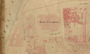Denkmal des Monats Oktober ist der Mittelalterliche Altstadtkern rund um St. Lambertus: Hier ein Ausschnitt aus der Urkarte der Altstadt von 1829. Karte: Vermessungs- und Katasteramt
