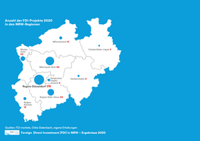 NRW-Karte mit Anzahl der FDI-Projekte 2020 in den NRW-Regionen