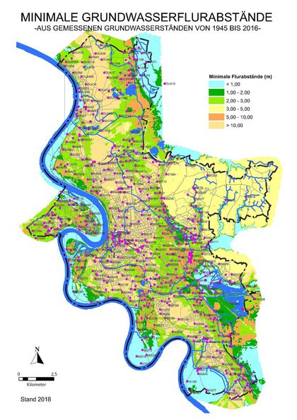 Karte Minimale Grundwasserflurabstände in Düsseldorf