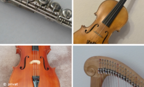 Fotocollage aus vier Bildern mit Querflöte, Violine, Cello und Harfe