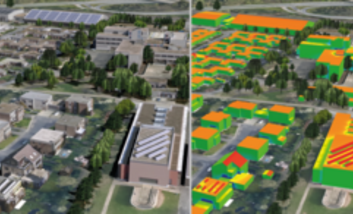 Screenshot aus dem virtuellen 3D-Modell von Düsseldorf zu Schmuckzwecken: Vergleichsansicht eines Stadtviertels in zwei Darstellungen: Links eine realistische 3D-Luftaufnahme mit Gebäuden, Straßen und Bäumen. Rechts dieselbe Ansicht in einer farbcodierten, schematischen Darstellung zur Solarpotenzialanalyse. Dächer und Gebäudeflächen sind in Grün, Gelb, Orange und Rot eingefärbt – je nach Eignung für die Nutzung von Solarenergie (Grün = sehr gut geeignet, Rot = weniger geeignet). Die Gebäudeformen und -größen sind identisch, aber abstrahiert dargestellt.