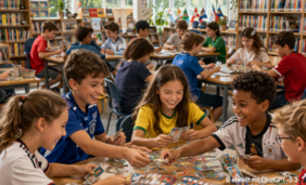 Mit KI erstelltes Bild, das viele Kinder an Tischen in einer Bibliothek zeigt, die Fußballbilder tauschen.