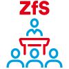 Piktogramm mit einer Person an einem Pult vor Zuschauenden mit der Überschrift ZfS