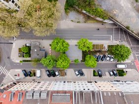 Das Bachplätzchen - hier ein Luftbild - erhält den renommierten German Innovation Award in der Kategorie "Public Space" - "Öffentlicher Raum" © Connected Mobility Düsseldorf 