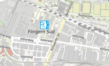 Schmuckbild: Kartendarstellung des Düsseldorfer Stadtteils Flingern Süd mit symbolischer Markierung einer Niederschlagsstation.
