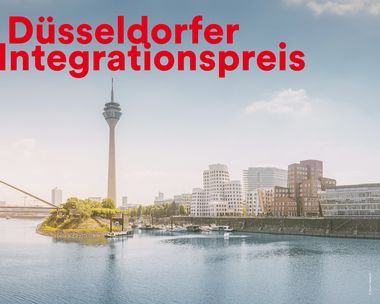 Düsseldorf Skyline mit Schriftzug Düsseldorfer Integrationspreis