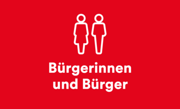Es handelt sich um eine rote Kachel mit dem Piktogramm einer Frau und eines Mannes. Darunter steht der Schriftzug "Für Bürgerinnen und Bürger"