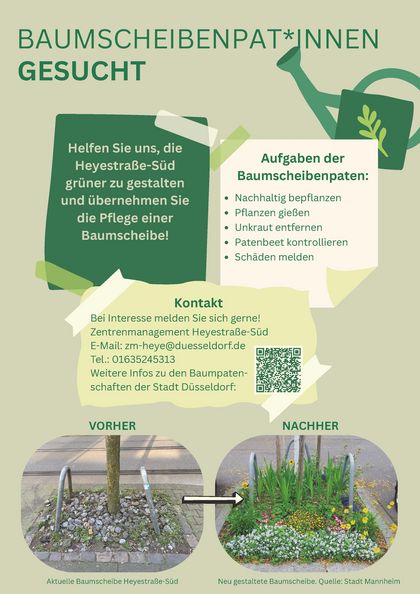 Aufruf zur Übernahme einer Baumscheibenpatenschaft, dargestellt ist die positive Gestaltung einer Baumscheibe sowie die Kontaktdaten bei Interesse.