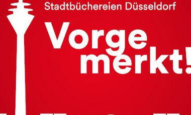 Logo von Vorgemerkt! Podcast der Stadtbüchereien Düsseldorf: Eine Grafik mit der Siluette des Düsseldorfer Rheinturms und Buchrücken im unteren Viertel des Bildes.
