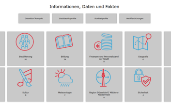 Schmuckbild: Grafische Übersicht mit Symbolen zu verschiedenen Themenbereichen des Statistikportals der Stadt Düsseldorf.